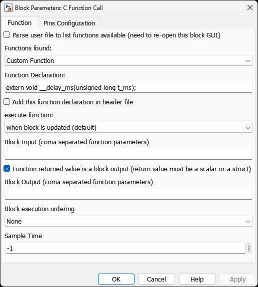 C Function Call Block — Function Tab