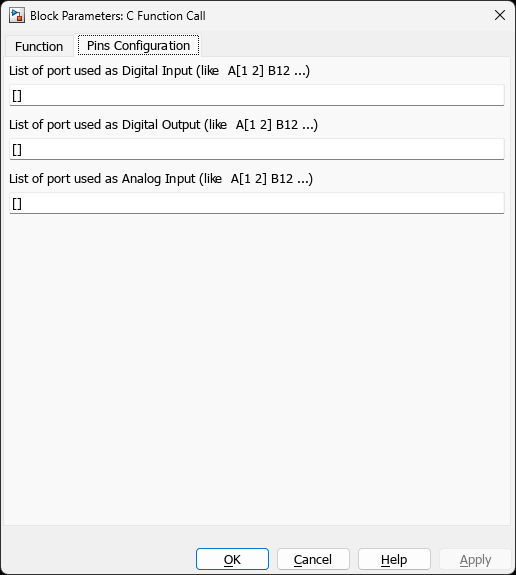 C Function Call Block — Pins Configuration Tab