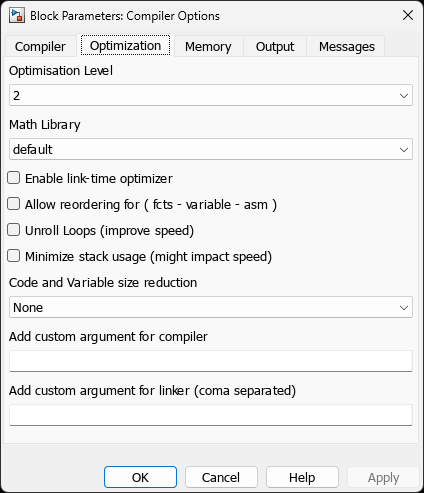 Compiler Options — Optimization Tab