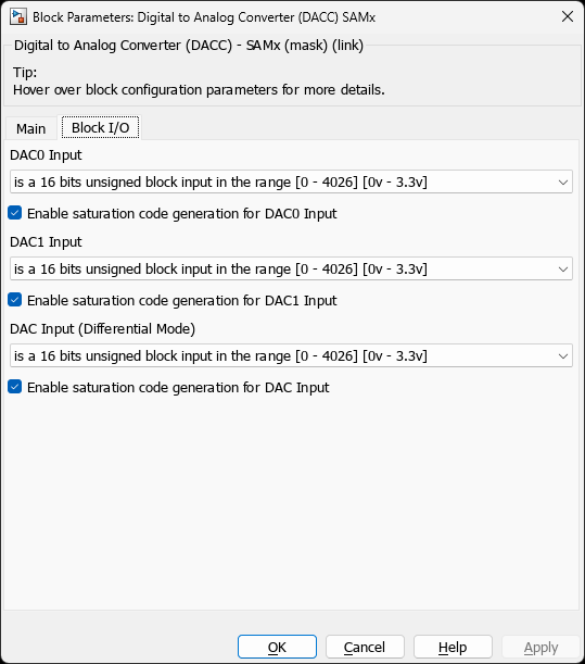 Digital to Analog Converter (DACC) SAMx — Block I/O Tab