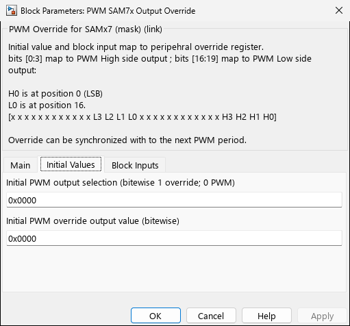 pwm_sam7x_output_override โ Tab 2: Initial Values
