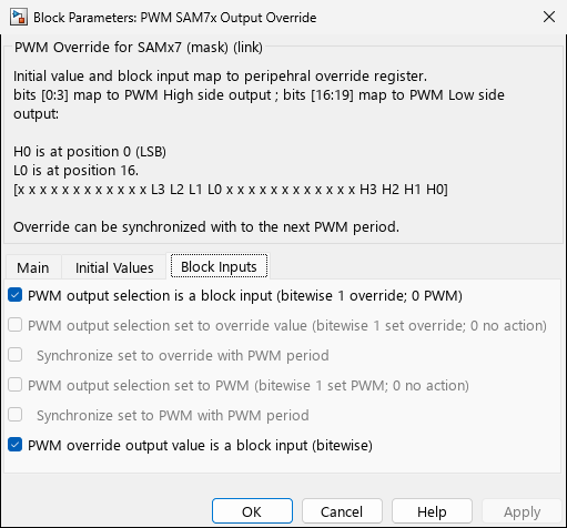pwm_sam7x_output_override โ Tab 3: Block Inputs