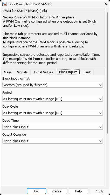 PWM SAM7x — Block Inputs Tab