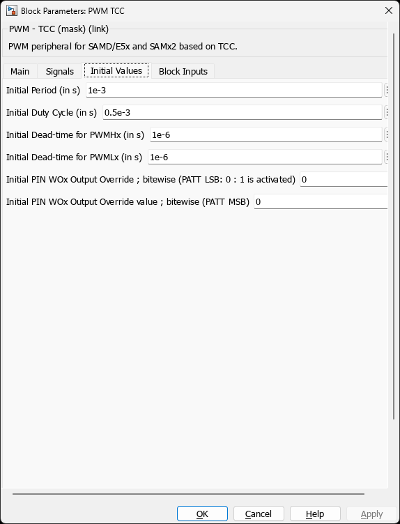 PWM TCC โ Initial Values Tab