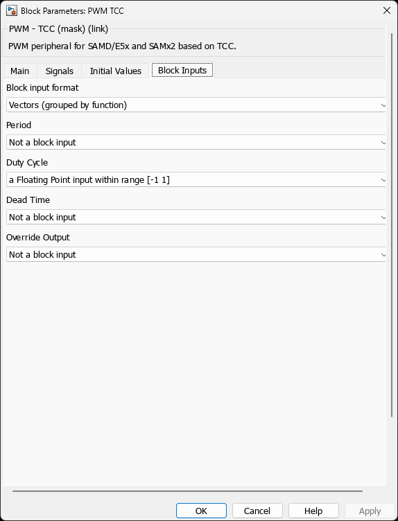 PWM TCC โ Block Inputs Tab